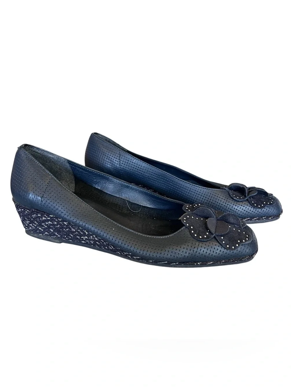 Sesto Meucci Women’s Sz 9 Navy Leather Demi Wedge Heels Perforated Floral